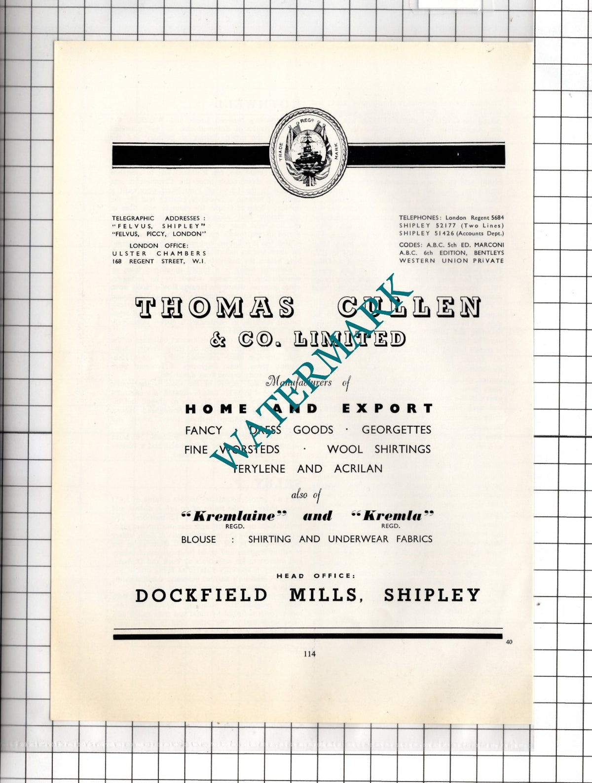 Thomas Cullen & Co Ltd Dockfield Mills Shipley Yorkshire  -  c.1962 Advert