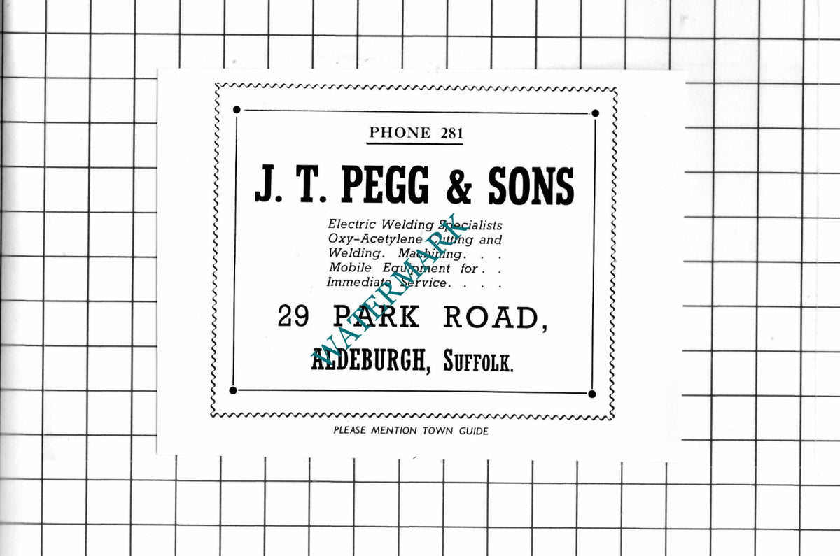J T Pegg & Sons Aldeburgh Suffolk / Baggott & Sons Newsagent - 1952 Small Advert