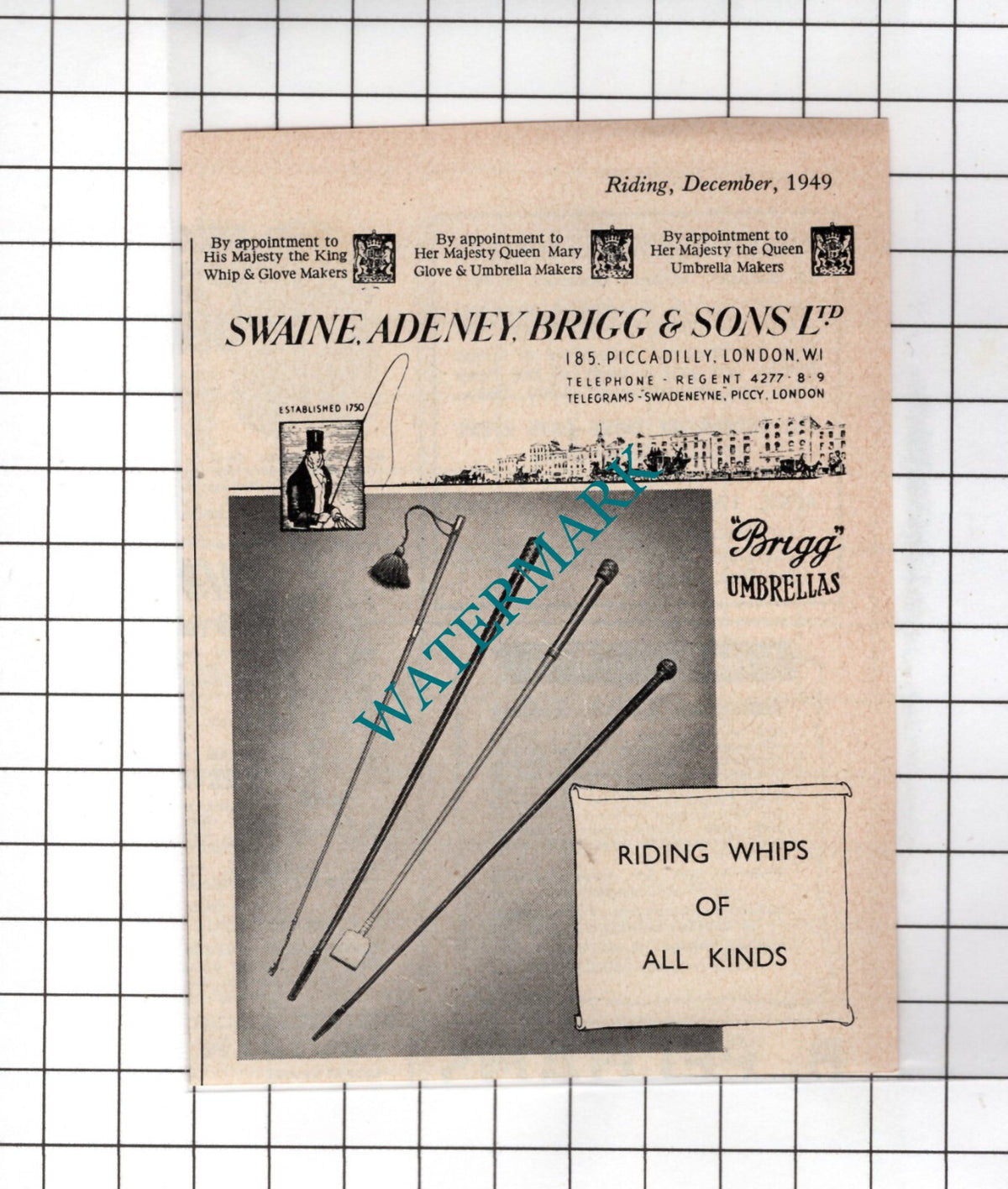 Swaine Adeney Brigg & Sons Ltd Piccadilly London - 1949 Small Advert