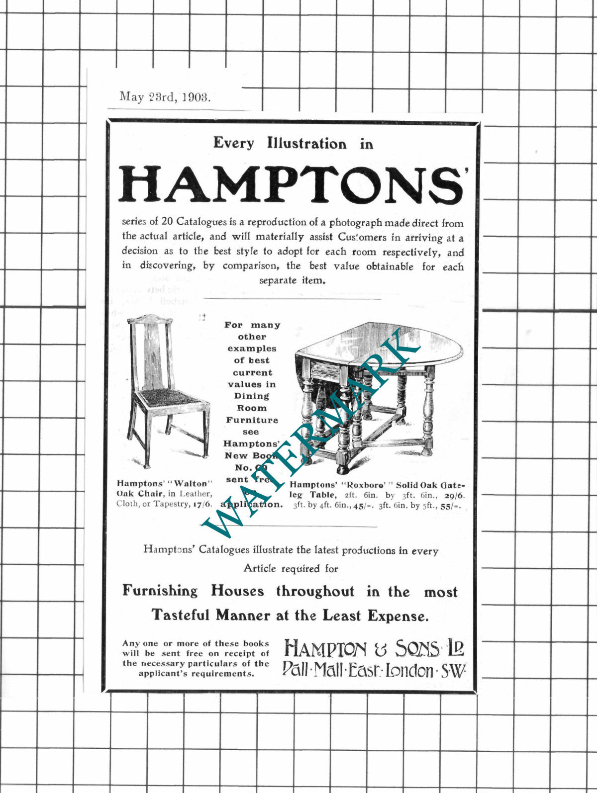 Hampton & Sons Ltd Pall Mall London Small ADVERT - 1903 Clipping