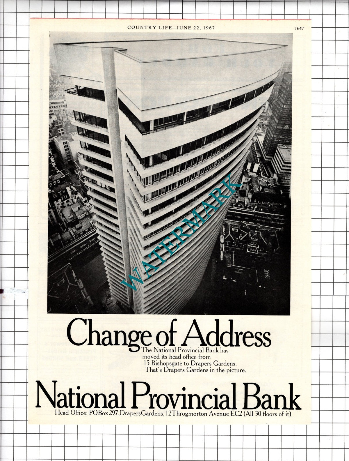 National Provincial Bank Drapers Gardens London  - 1967  Advert