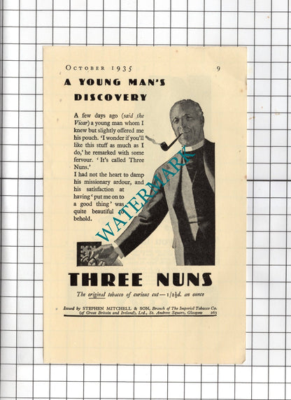 Three Nuns Tobacco / The Cozy Stove Co Ltd London - 1935 Small Advert