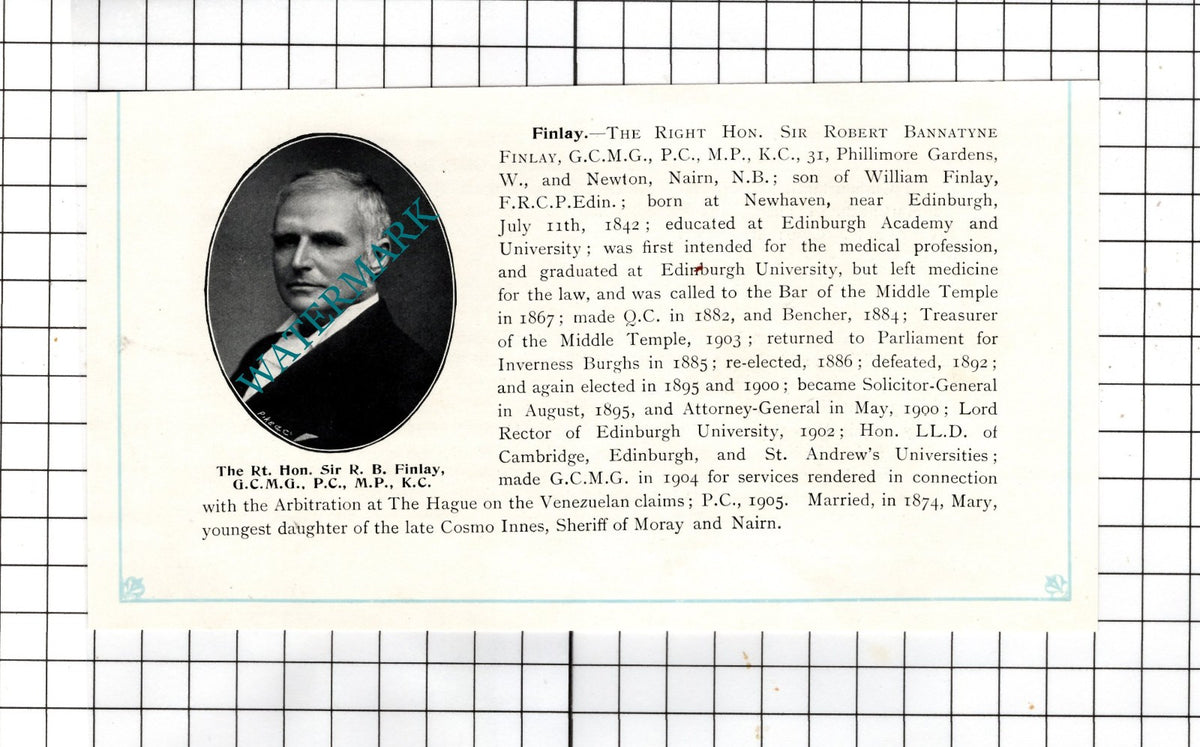 The Right Hon Sir Robert Bannatyne Finlay Newhaven Scotland   - c.1905 Clipping