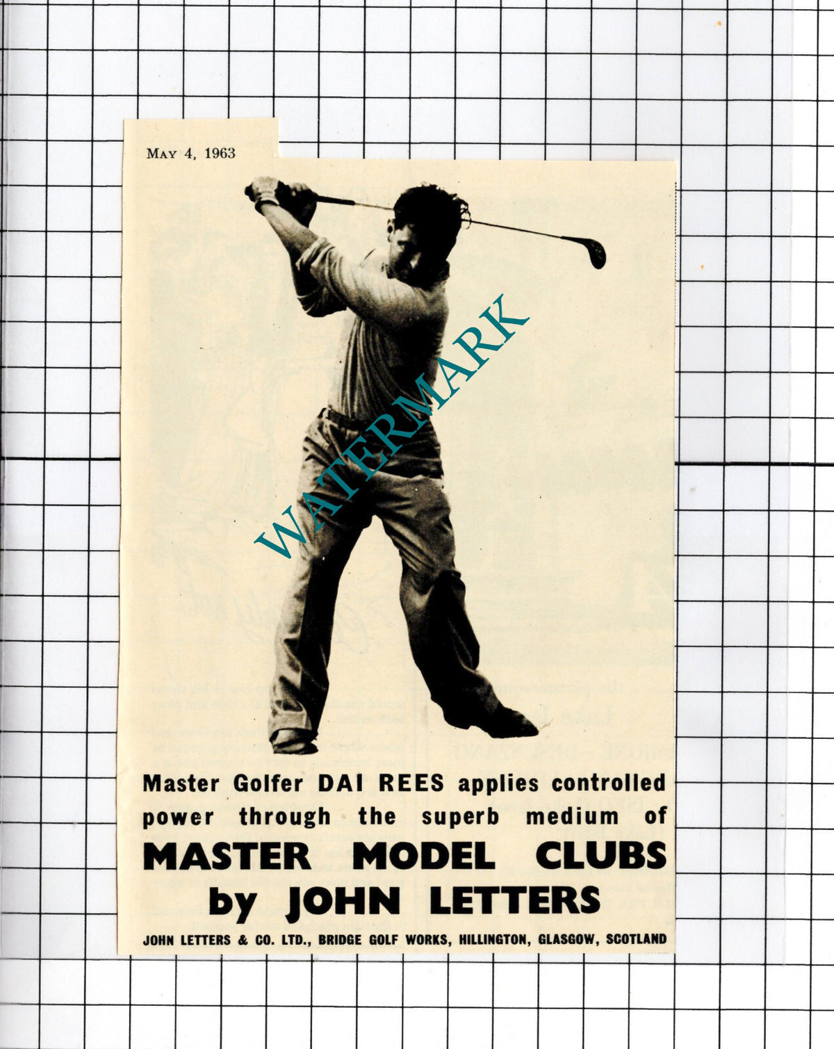 Dai Rees Golfer John Letters & Co Ltd Glasgow  - 1963 Small Advert