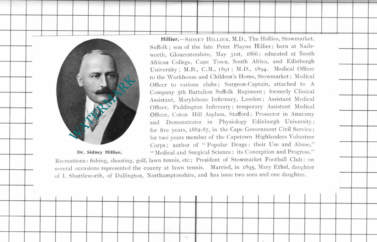 Dr Sidney Hillier The Hollies Stowmarket Suffolk -  1911 Clipping