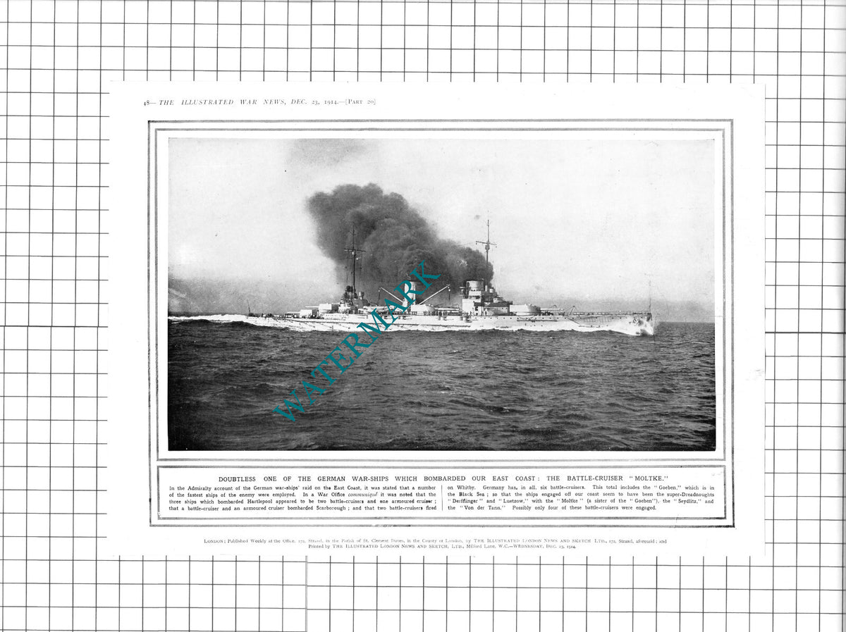 Battle Cruiser Ship MOLTKE Scarborough German Bombing WW1  -  1914 Clipping