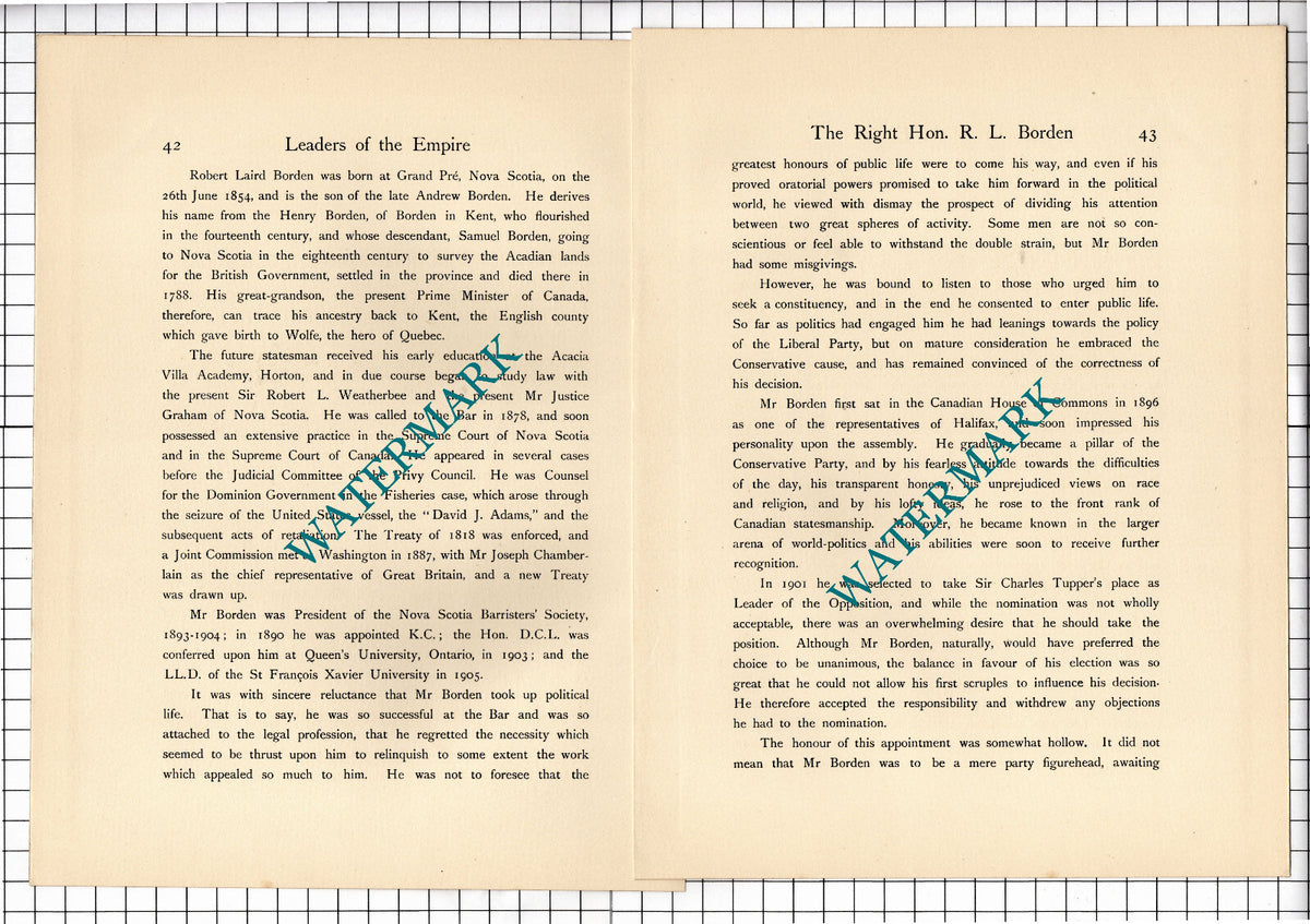 The Right Hon Robert Laird Borden  -   1920's Article/ Print
