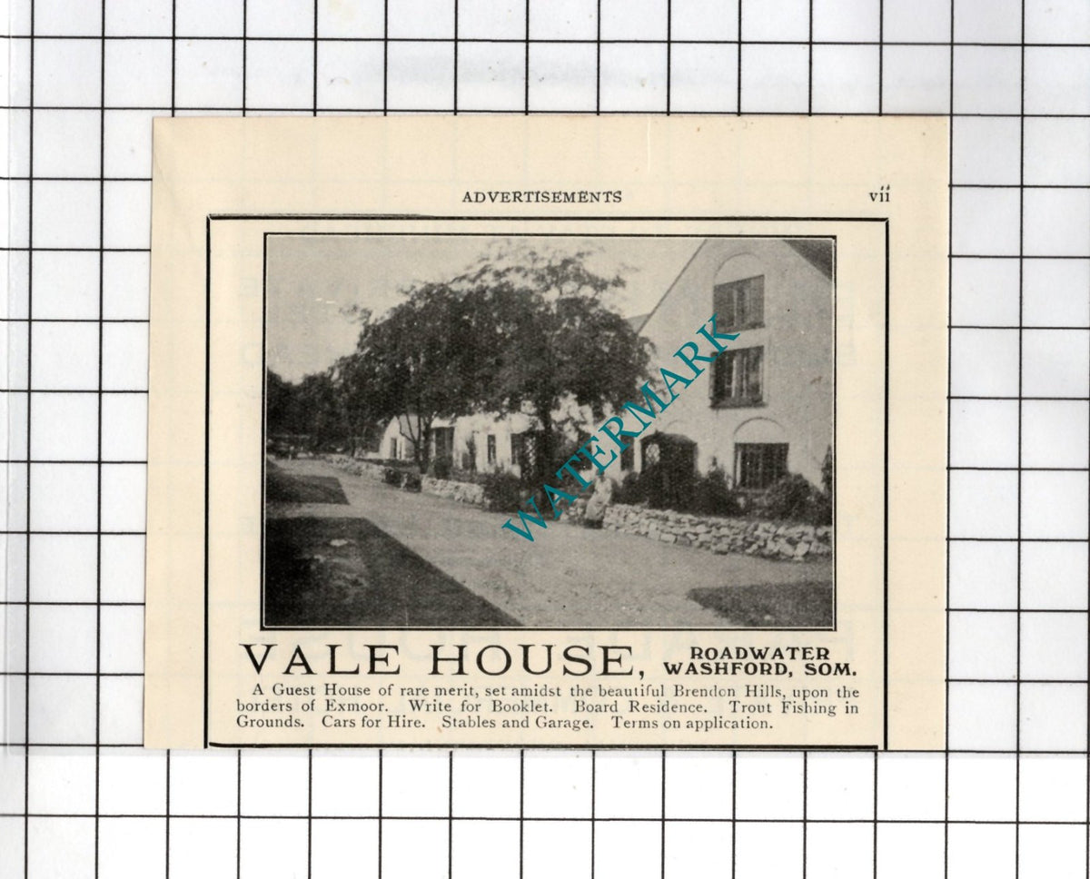 Vale House Roadwater Washford Somerset   - c.1923 Small Advert