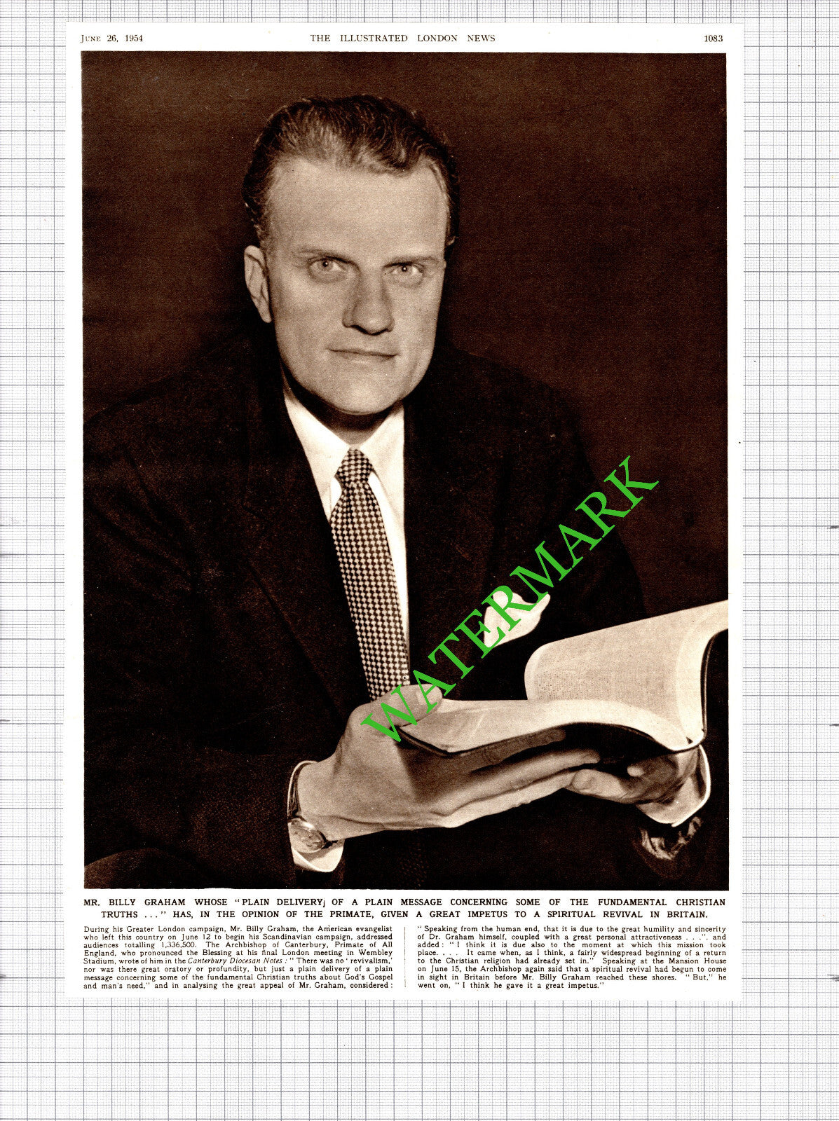 Mr Billy Graham - 1954 Cutting / Print