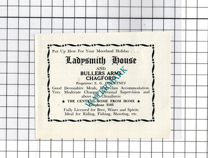 Ladysmith House Chagford Devon Courtney / Yellam Farm Smardon   -c.1940s  Advert