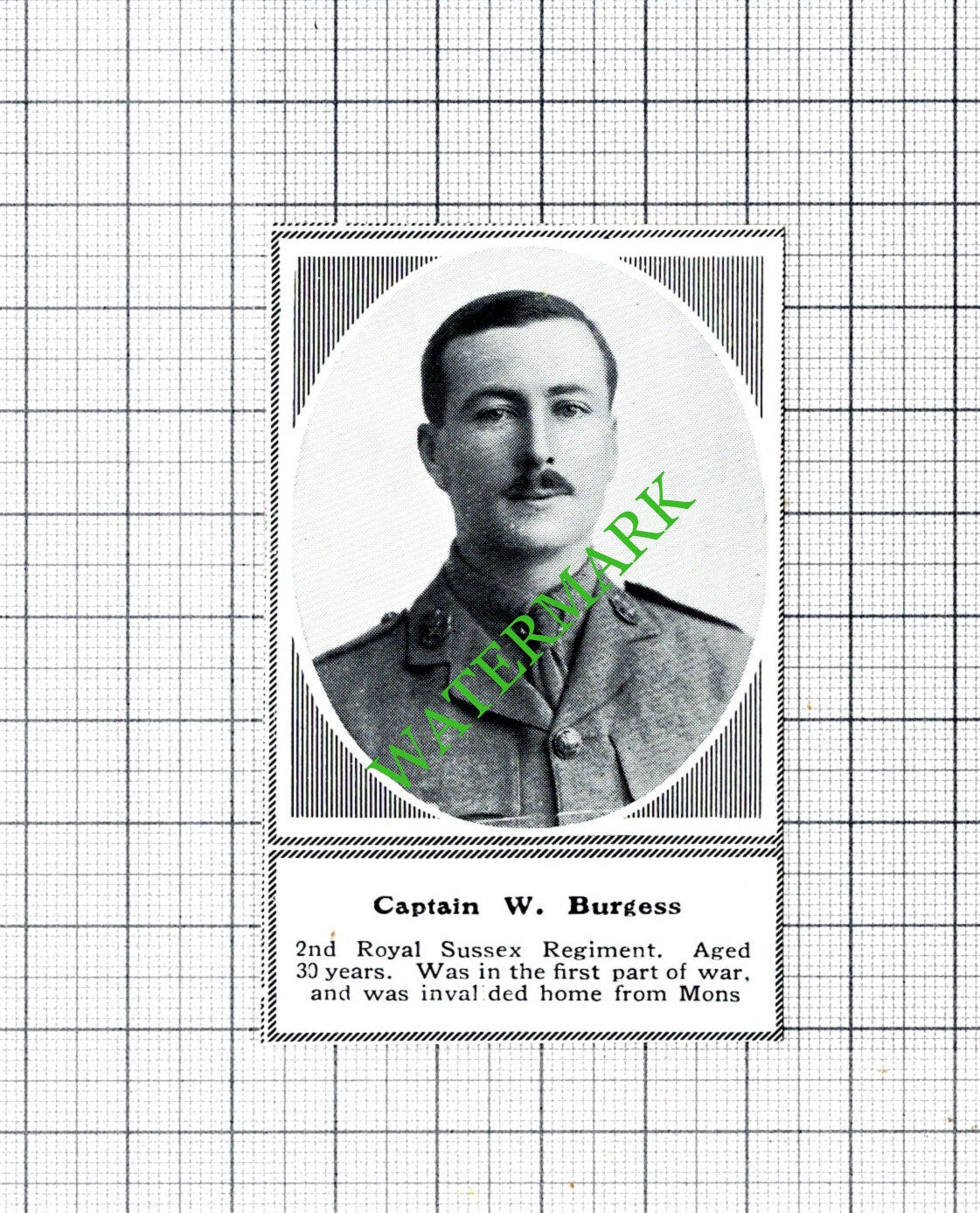 Captain W Burgess 2nd Royal Sussex Regt Mons WW1- c.1918 SMALL Cutting