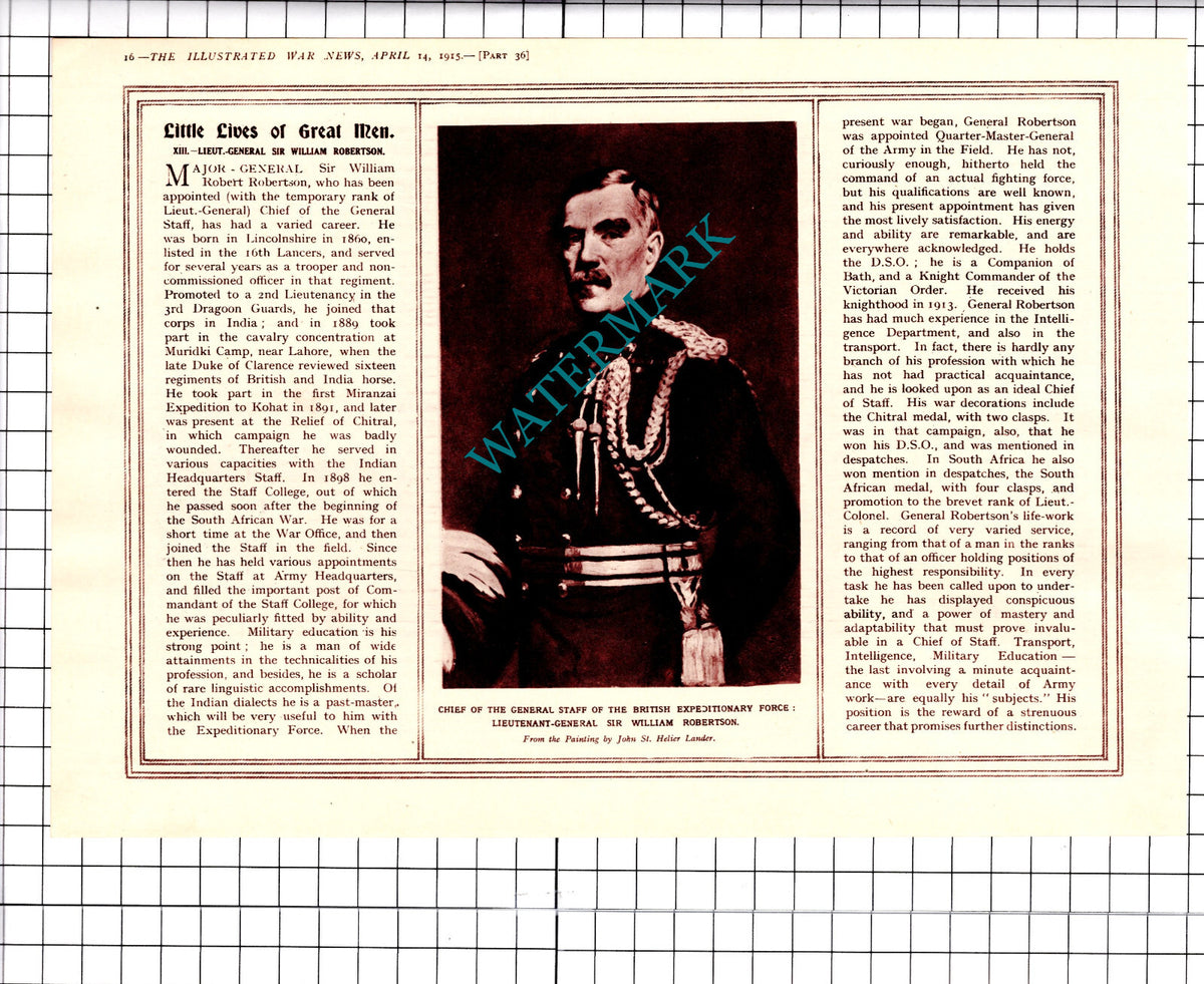A Belianine Russian Singer / Sir William Robertson WW1 - 1915 Clipping / Print