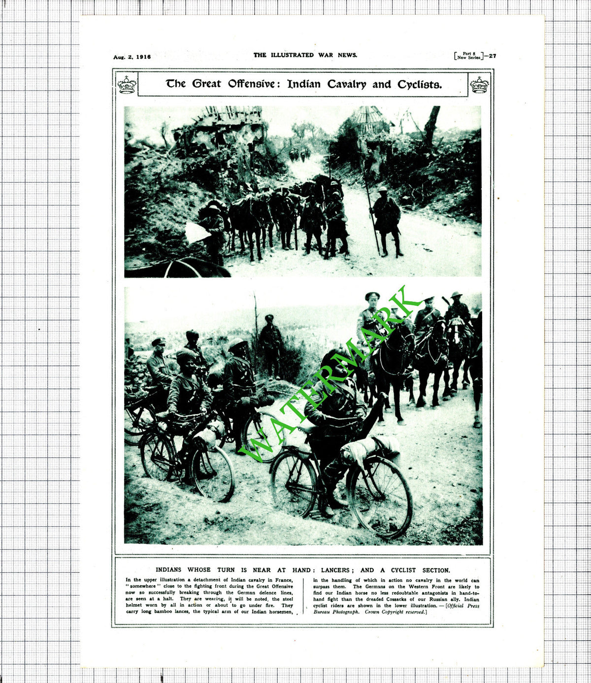 Indian Cavalry Lancers  Cyclists Great War WW1 -  1916 Cutting
