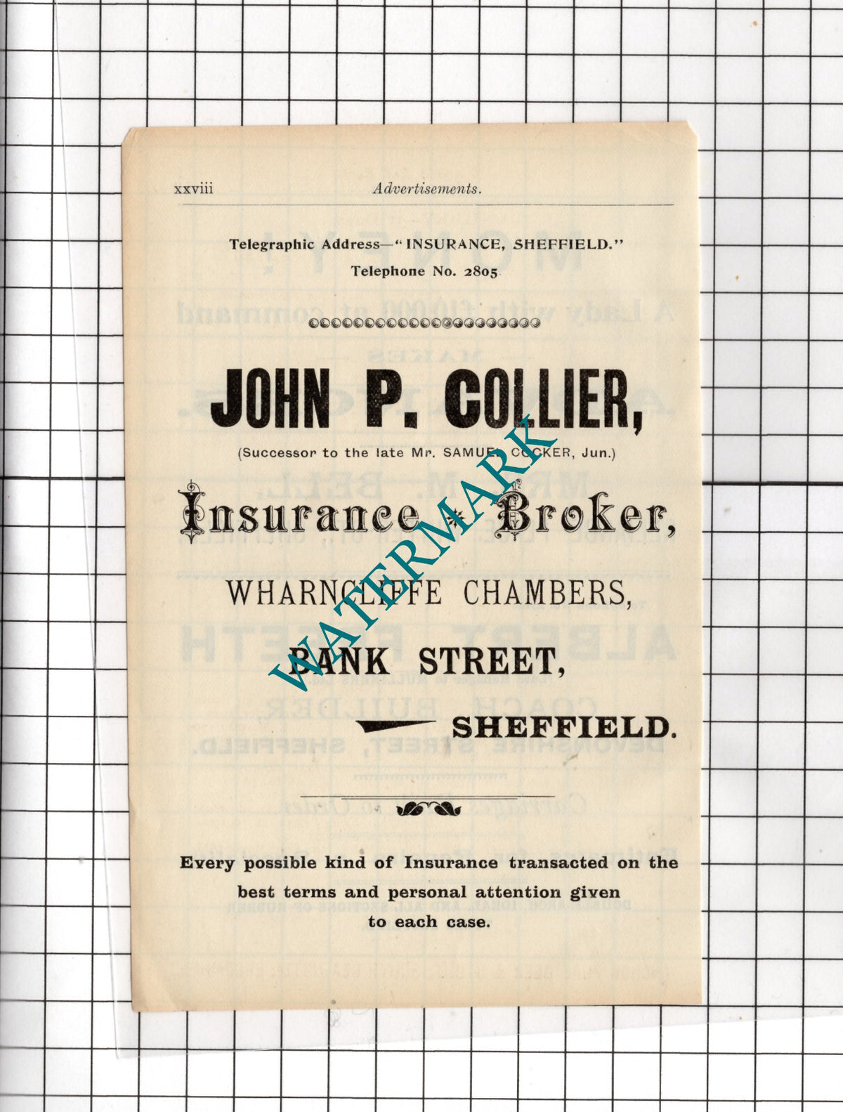 John P Collier Sheffield / Mrs M Bell  Albert Freeth - c.1910 Small Advert
