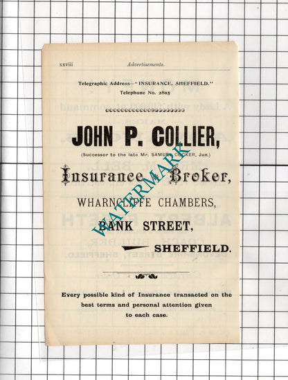 John P Collier Sheffield / Mrs M Bell  Albert Freeth - c.1910 Small Advert