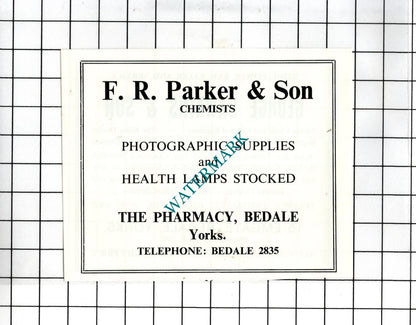 George Dawkins 15 Emgate Bedale / F R Parker & Son Chemist  -c.1968 Small Advert