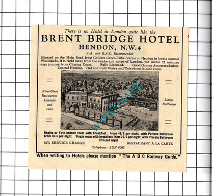 Brent Bridge Hotel Hendon London / Hendon Hall David Garrick Advert 1958 Cutting