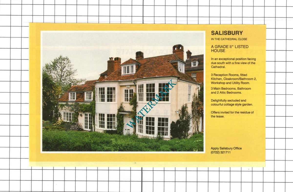 Salisbury Cathedral Close Wiltshire House Sale Advert - 1991 Clipping / Print