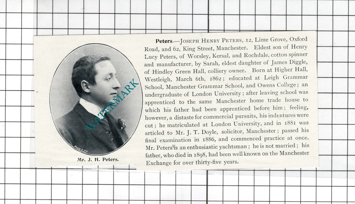 Mr Joseph Henry Peters Lime Grove Manchester - c.1900 Cutting