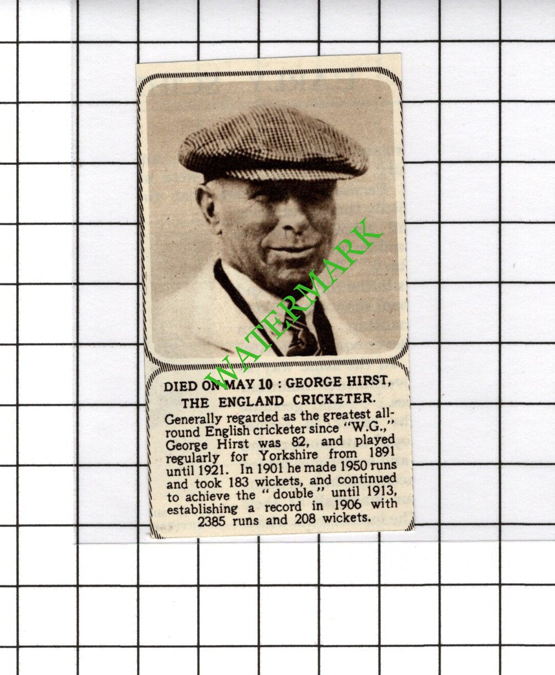 George Hirst Cricketer Obituary  - c.1954 Small Cutting