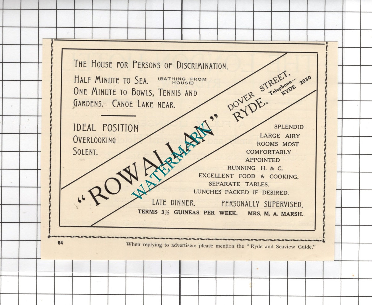 The London Hotel Ryde Isle Of Wight Hollis /  Rowallan Ryde Marsh - 1938 Advert