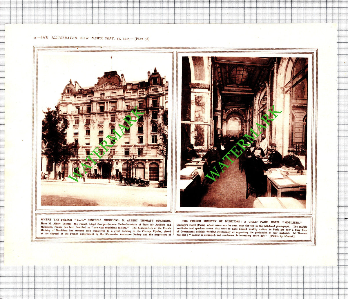 Claridge's Hotel Paris France M Albert Thomas Munitions WW1 - 1915 Cutting