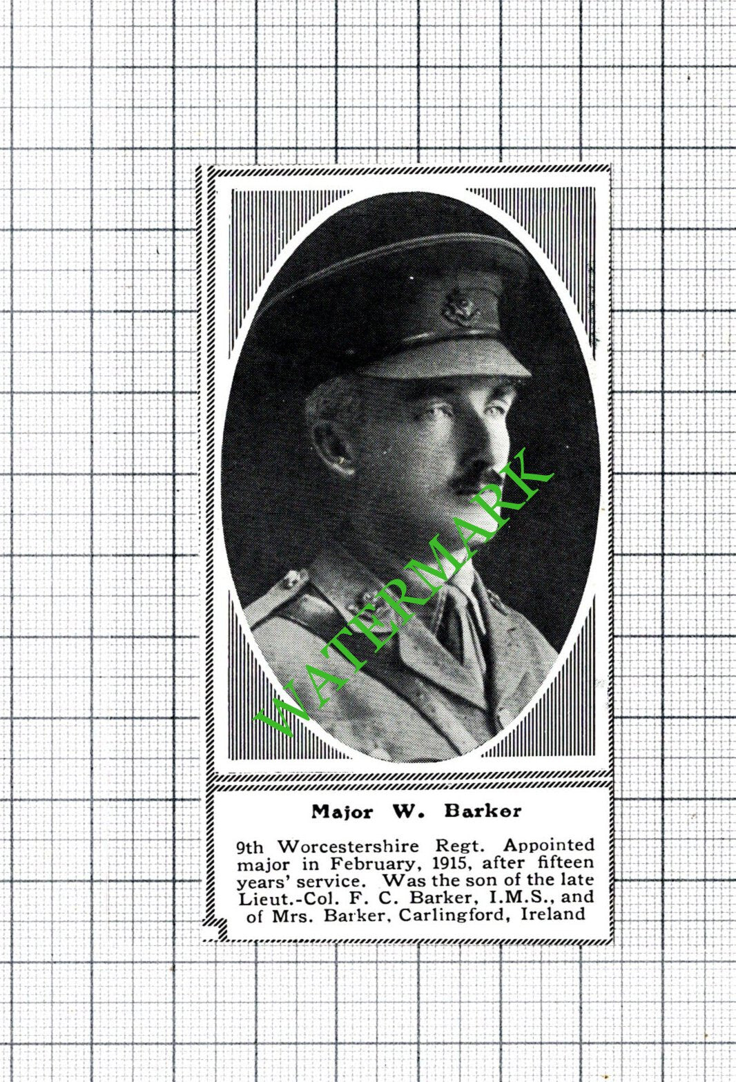 Maj W Barker 9th Worcestershire Reg Carlingford Ireland - c.1918 SMALL Cutting