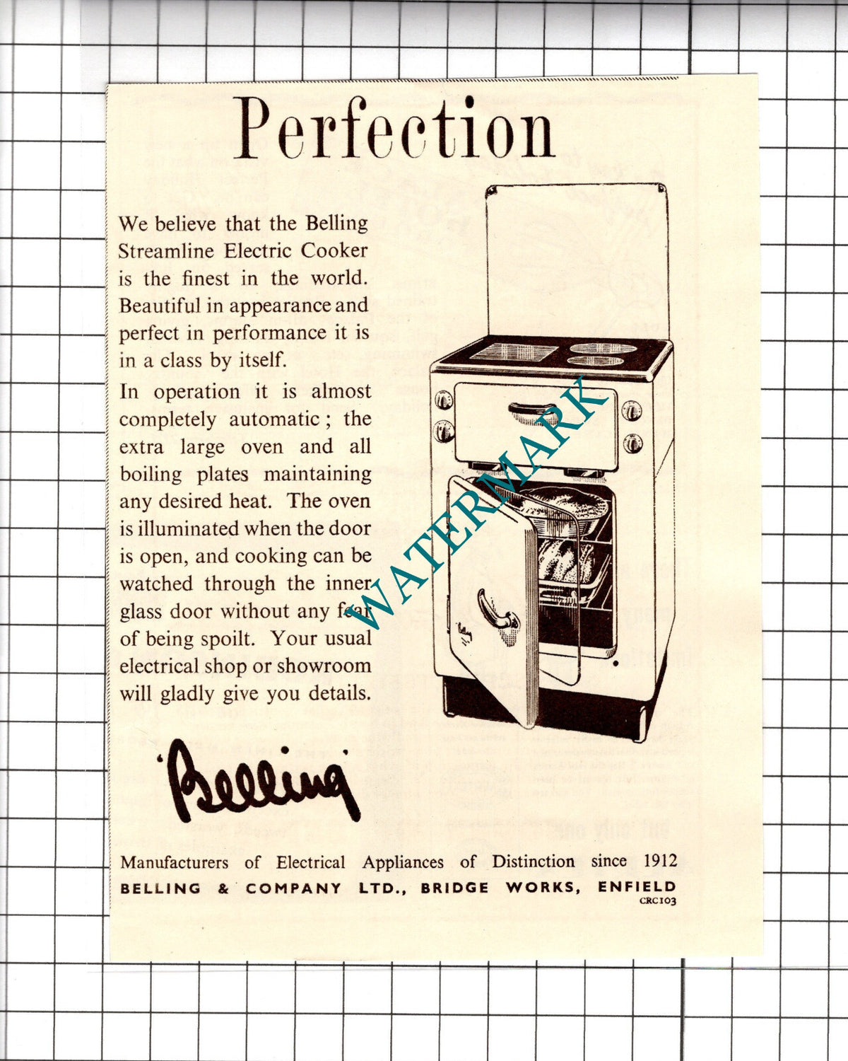Belling Cooker Enfield Advert  - 1950 Cutting