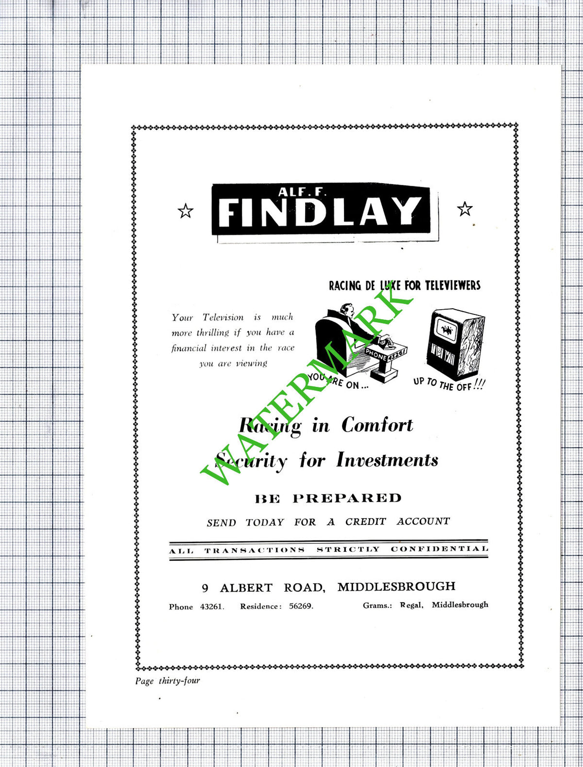Alf F Findlay Middlesbrough Bookmakers Advert - 1953 Cutting