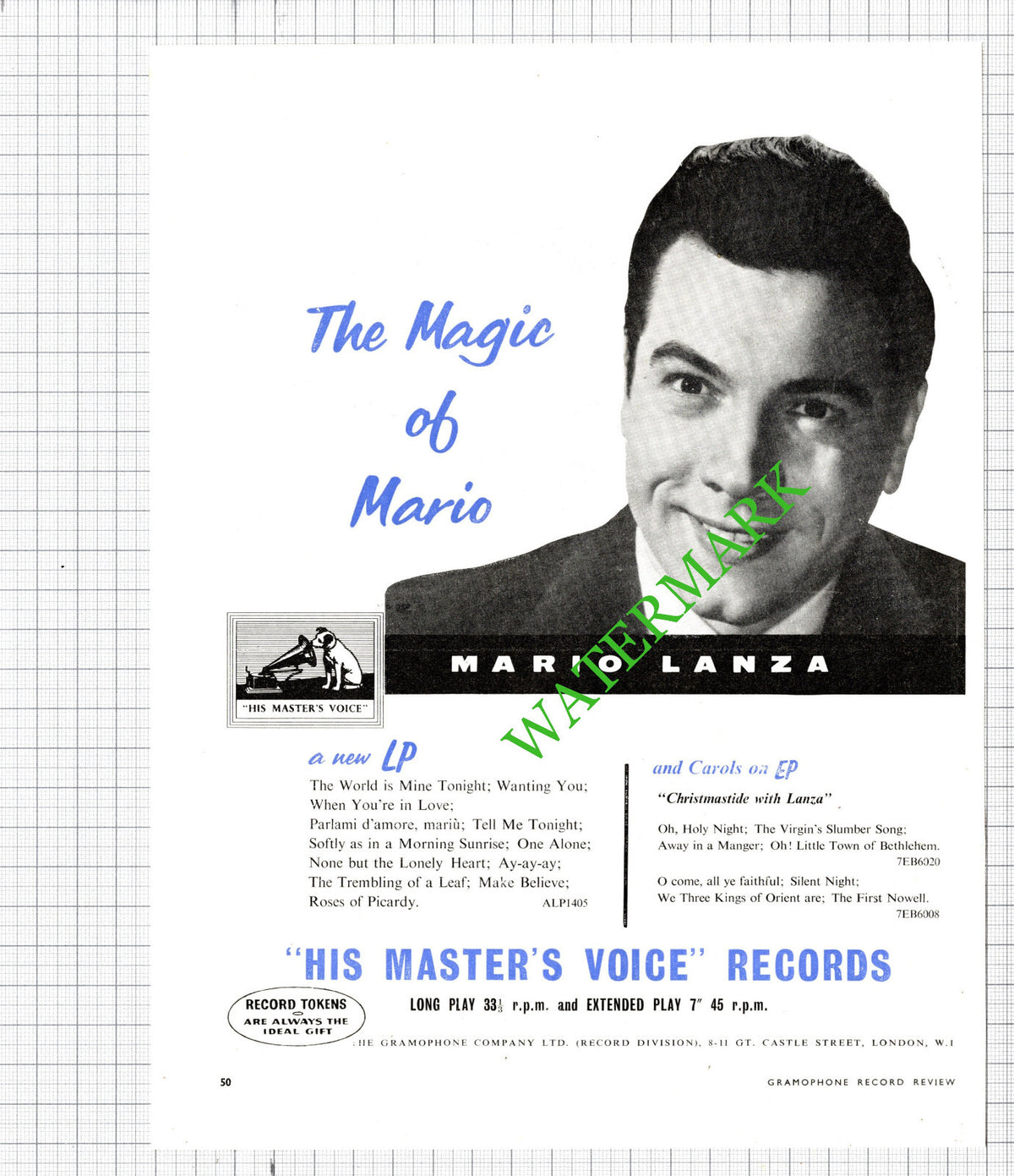 Mario Lanza / Rubinstein Advert - 1956 Cutting