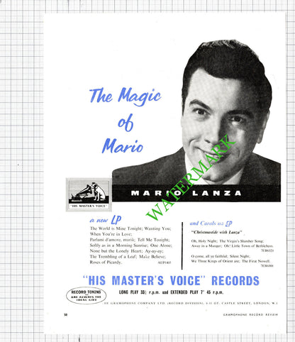 Mario Lanza / Rubinstein Advert - 1956 Cutting