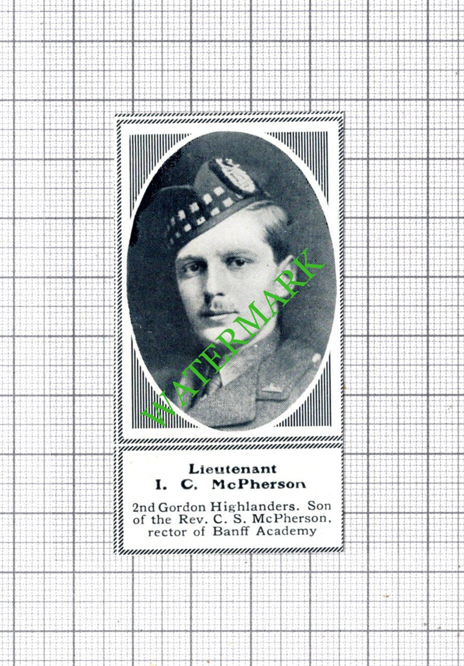 Lt I C McPherson 2nd Gordon Highlanders Banff Academy WW1 - c.1918 SMALL Cutting