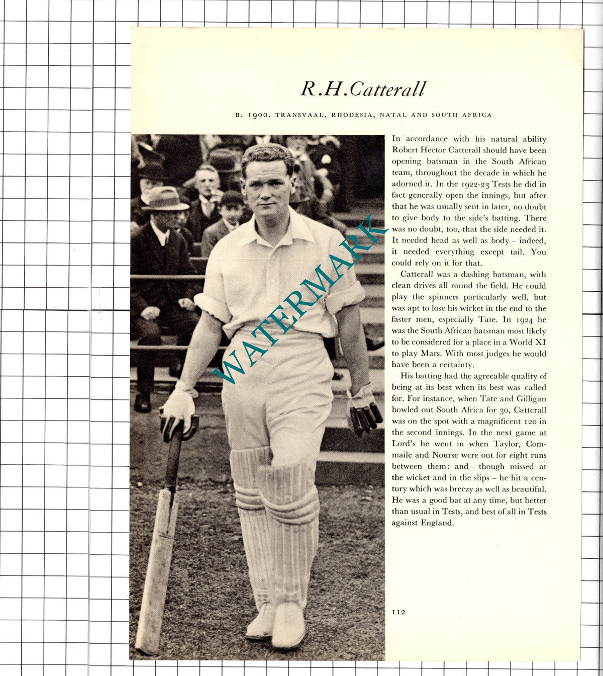 W H Ponsford Cricketer / Robert Catterall  Cricket - 1952 Book Print