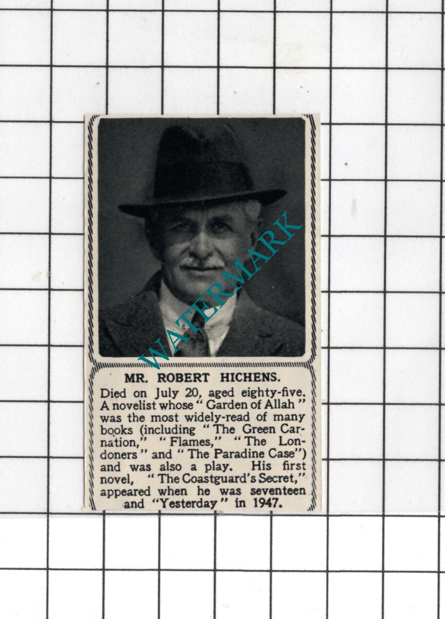 Mr Robert Hichens Novelist Obituary - 1950 SMALL Cutting