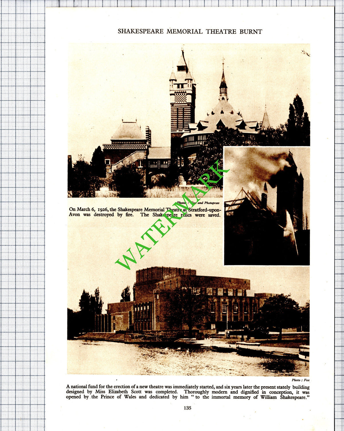 Shakespeare Memorial Theatre Stratford-Upon-Avon Fire - c.1936 Cutting / Print