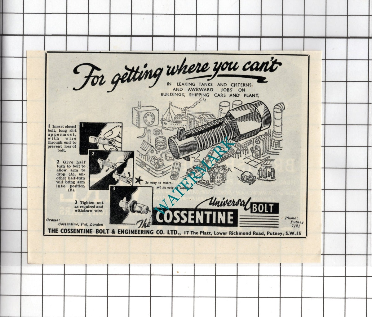 The Cossentine Bolt & Engineering Co Ltd Putney London -  1948 Small Advert