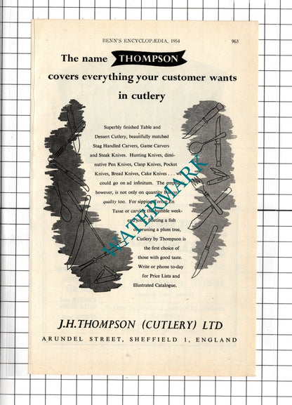 J H Thompson Cutlery Ltd Sheffield  Jenkins & Ringrose  Frank Wood - 1954 Advert