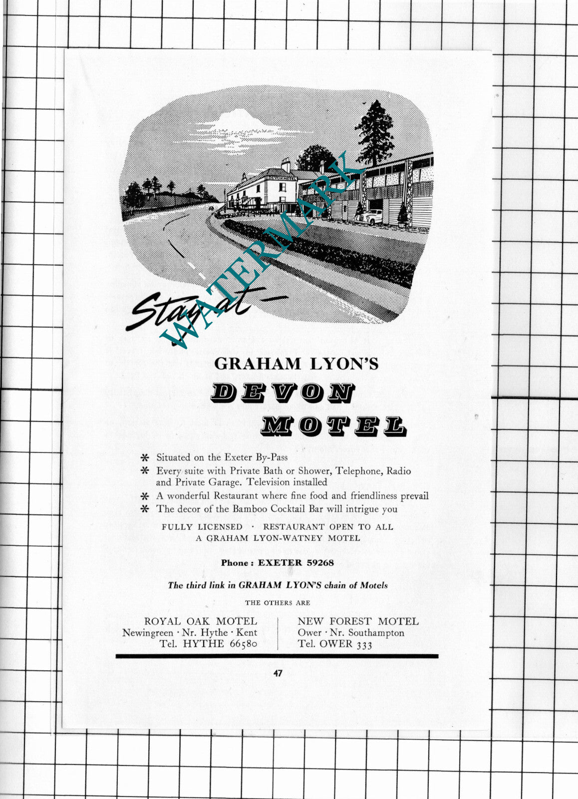Graham Lyon's Motel Exeter Devon Advert  - 1957 Cutting