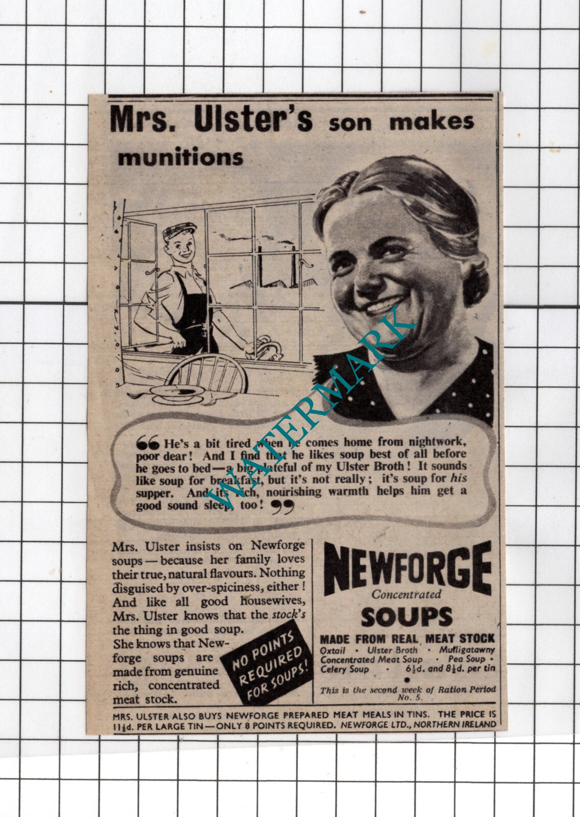 Newforge Soups Advert Wartime WW2 Munitions Mrs Ulster - 1942 Small Clipping
