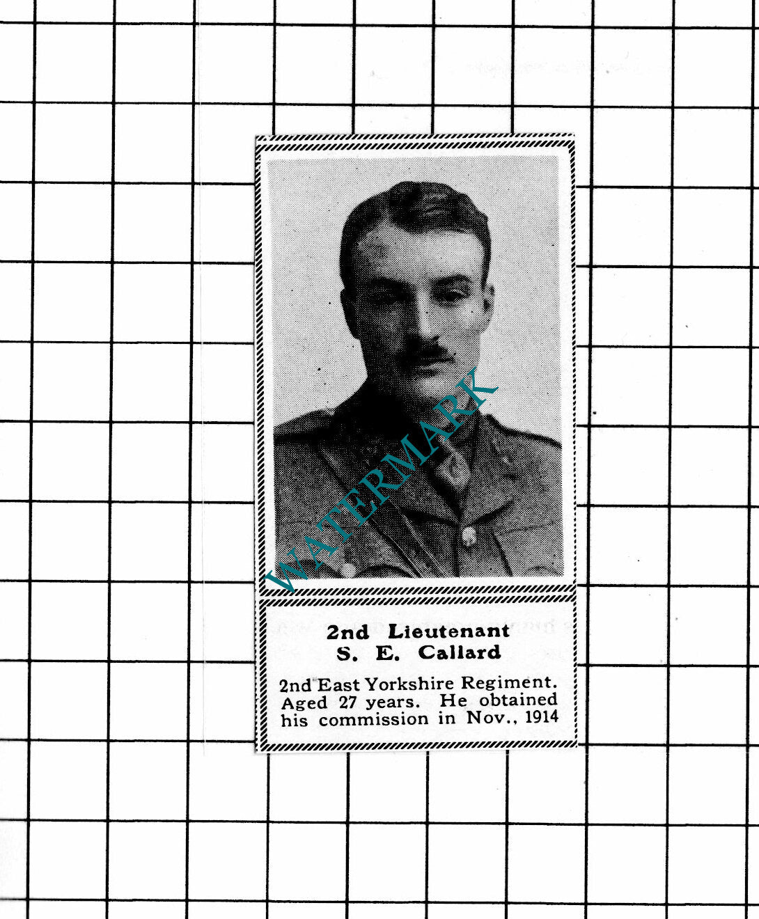 2nd Lt S E Callard 2nd East Yorkshire Regt WW1   - c.1918 SMALL Clipping / Print