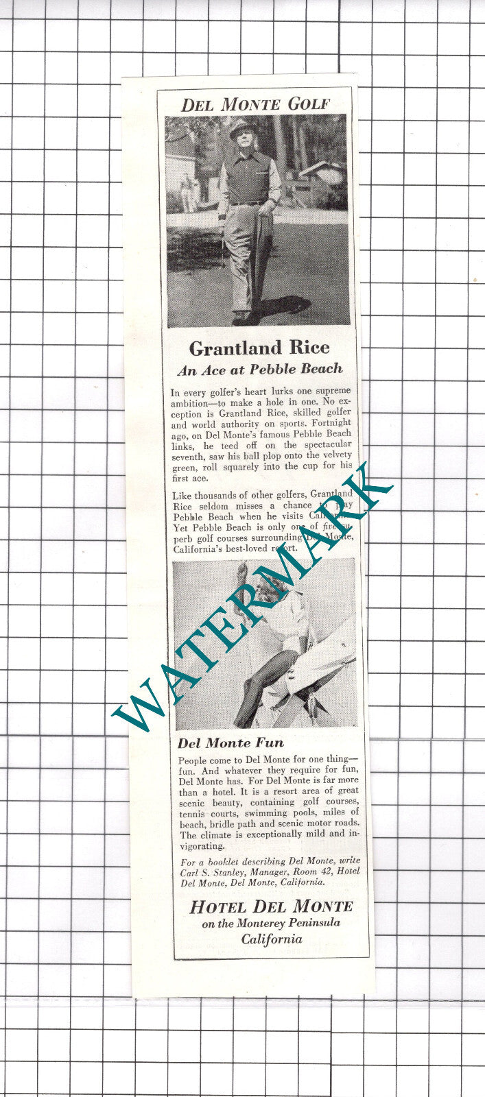 Grantland Rice Pebble Beach Hotel Del Monte California Advert  - 1937 Clipping