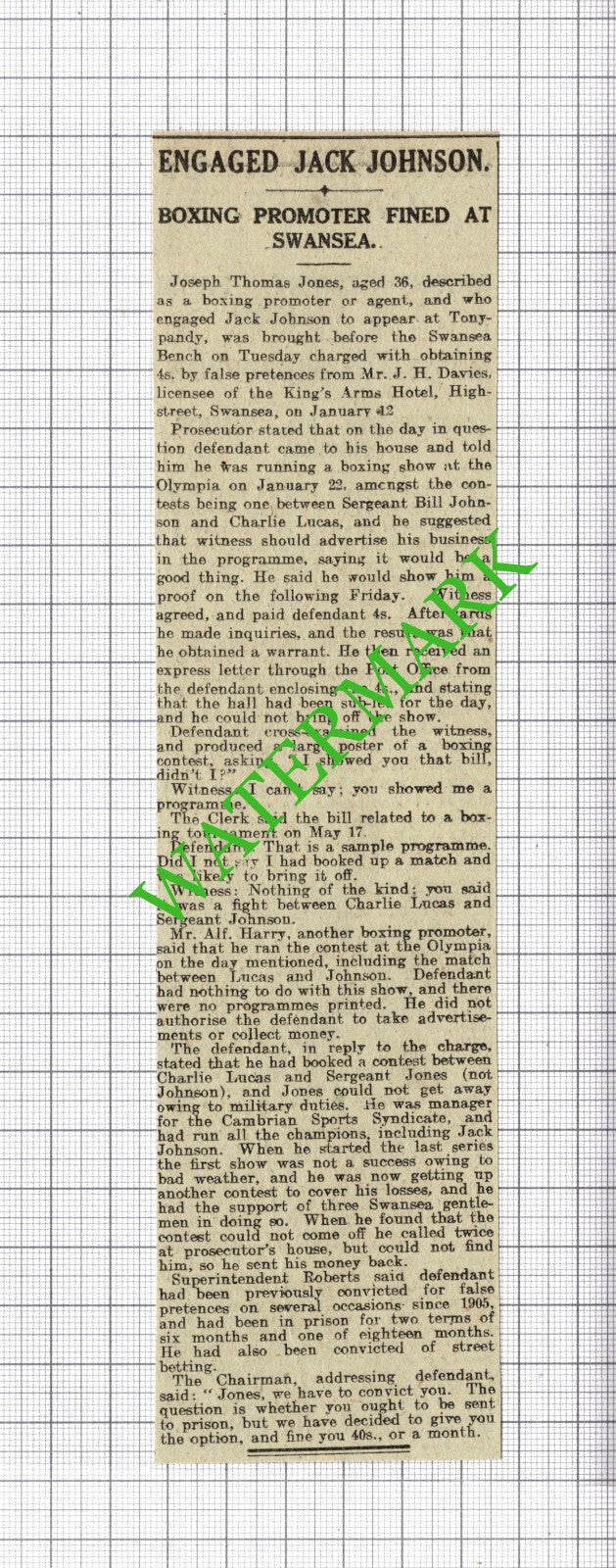 Joseph Thomas Jones Boxing Agent JH Davies King's Arms Swansea - 1916 Cutting