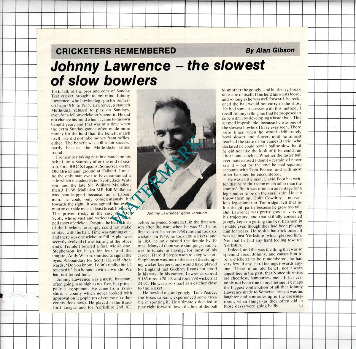 Johnny Lawrence Cricketer Cricket - 1982 Clipping
