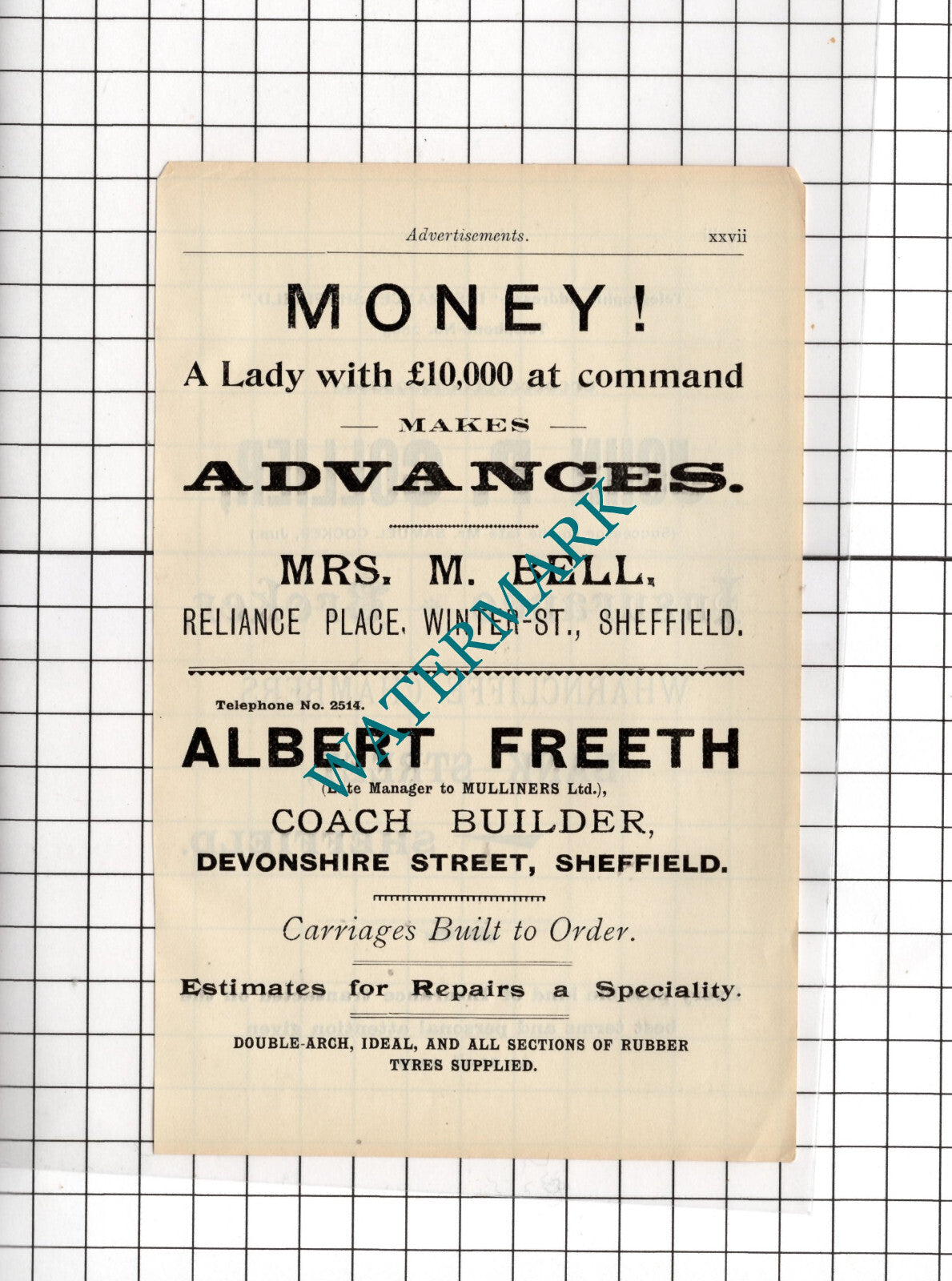 John P Collier Sheffield / Mrs M Bell  Albert Freeth - c.1910 Small Advert