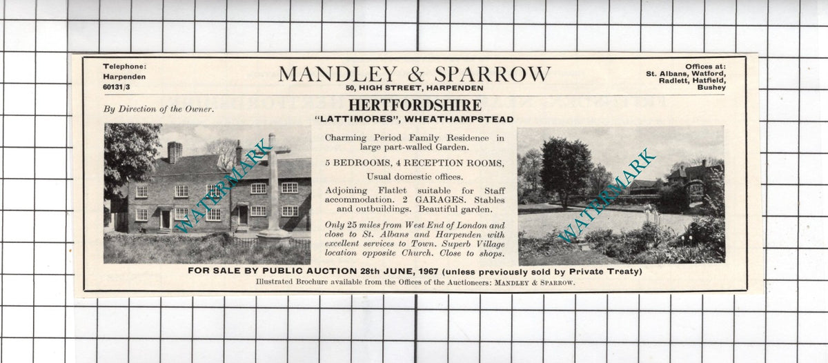 Lattimores Wheathampstead Hertfordshire - 1967  House Sale Advert
