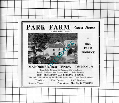Park Farm Manorbier Wales The Grove Guest House Spencer Davies 1962 Small Advert