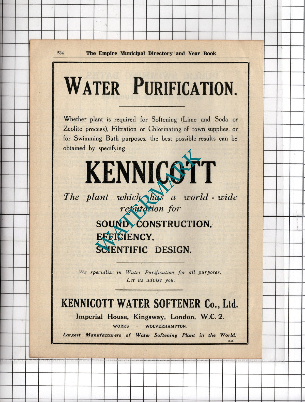 Kennicott Water Softener Co Ltd Kingsway London WC2 - 1927 Advert