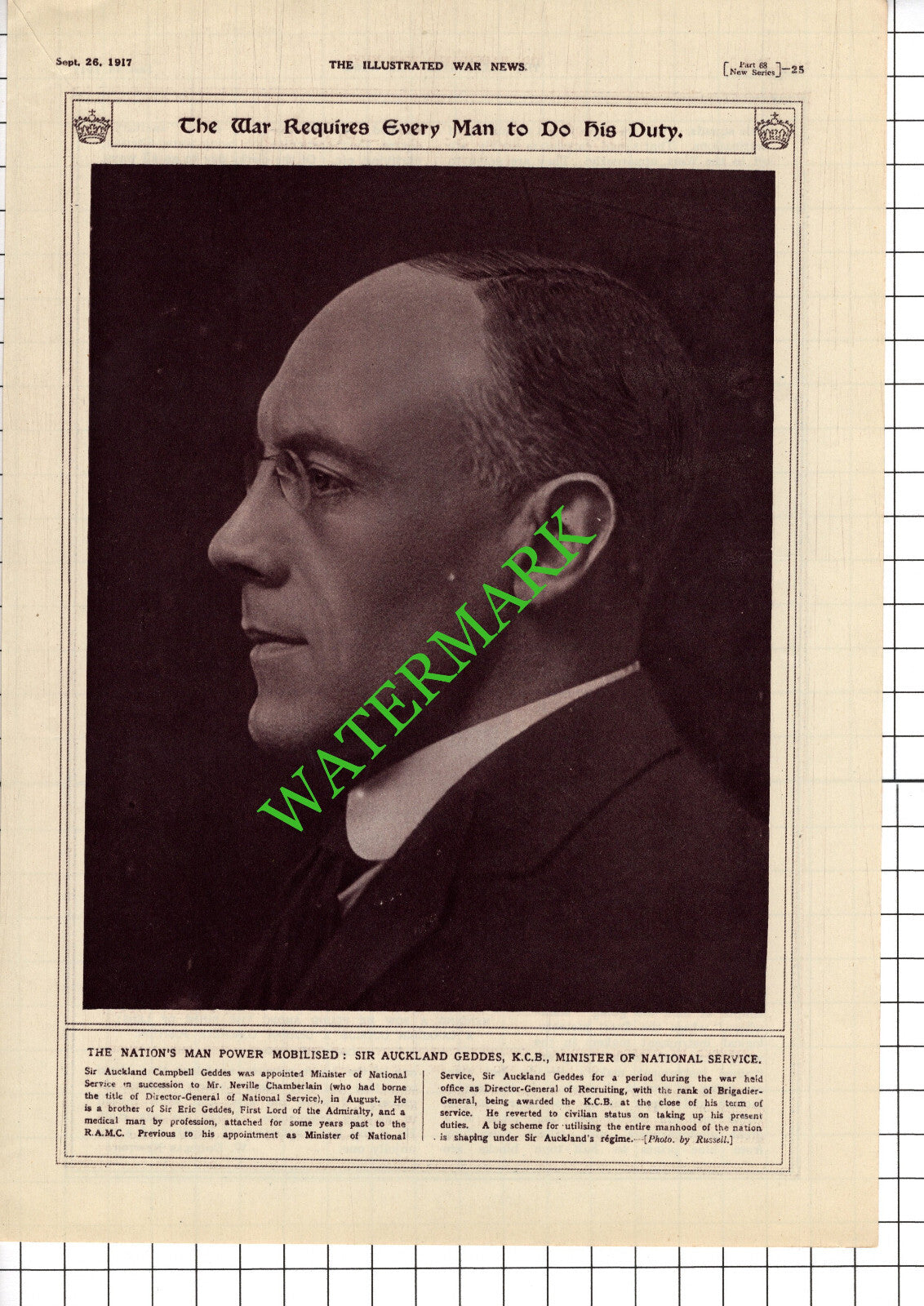 Sir Auckland Campbell Geddes National Service Great War WW1 - 1917 Cutting