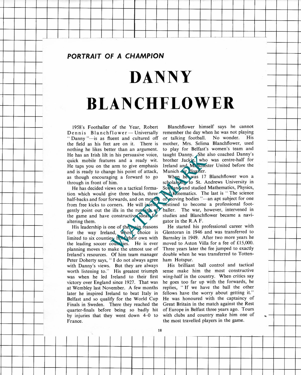 Danny Blanchflower Footballer - c.1958 Article