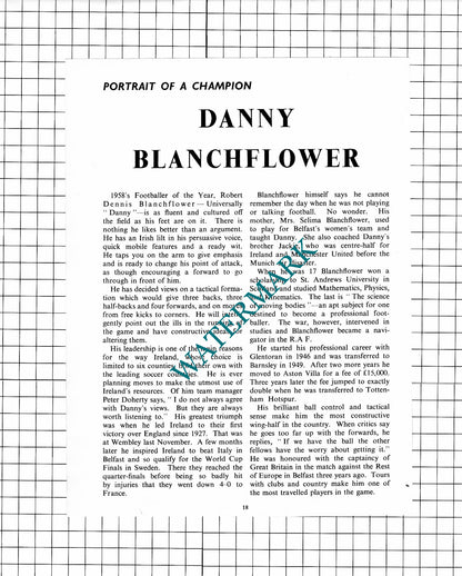 Danny Blanchflower Footballer - c.1958 Article